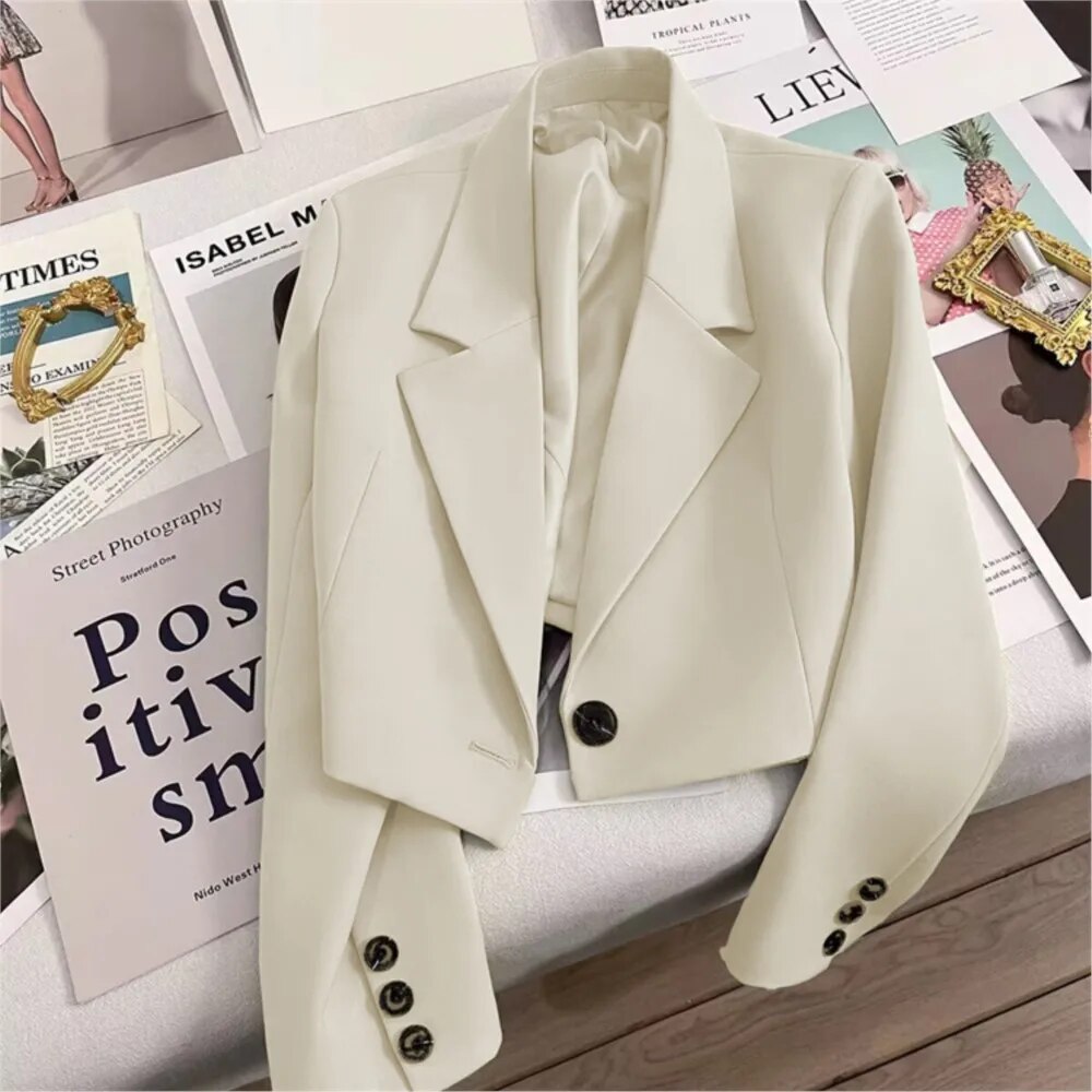 한국 패션 우아한 화이트 블레이저 크롭 탑, 2023 여성 재킷, 캐주얼 루즈 긴팔 A 버클 심플 코트