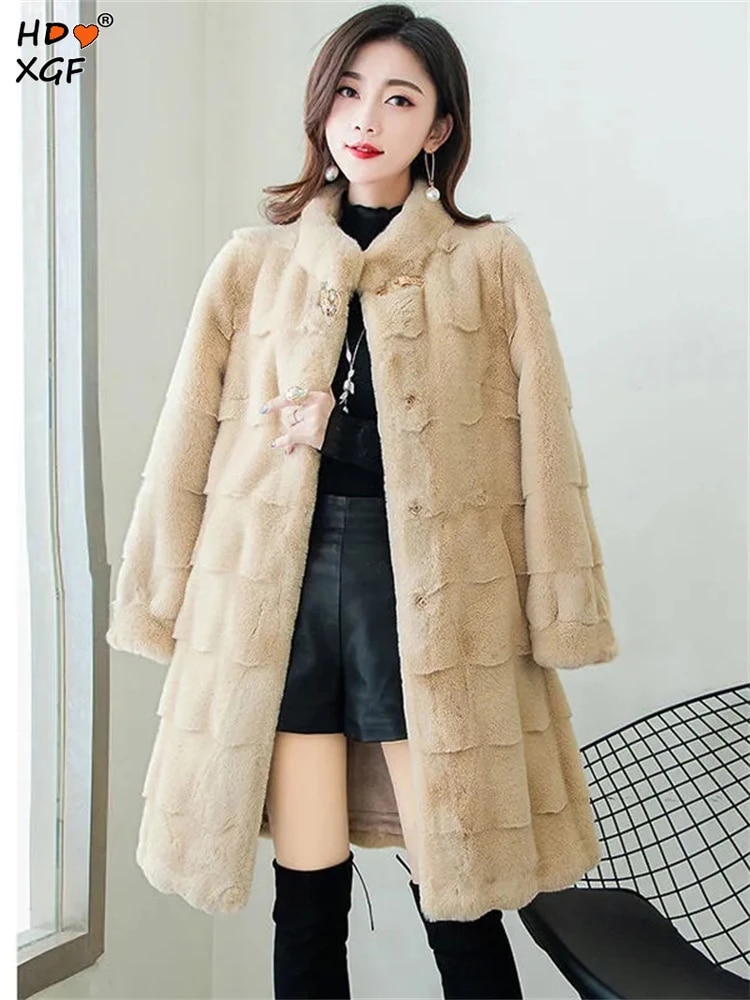 2023 오버사이즈 우아한 두꺼운 따뜻한 인조 모피 오버코트, 한국 패션, 루즈 럭셔리 디자이너, 모조 밍크 중간 길이 재킷, 5xl
