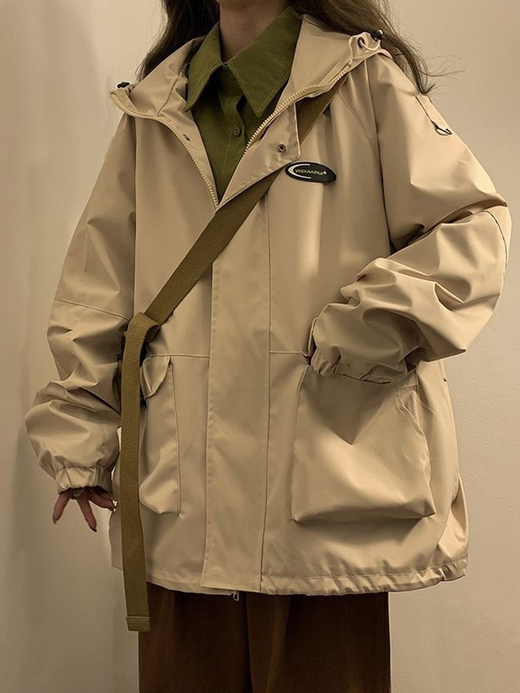 여성용 오버사이즈 후드 봄버 재킷, 빈티지 루즈 바람막이 가을 한국 패션, 하라주쿠 캐주얼 지퍼 코트