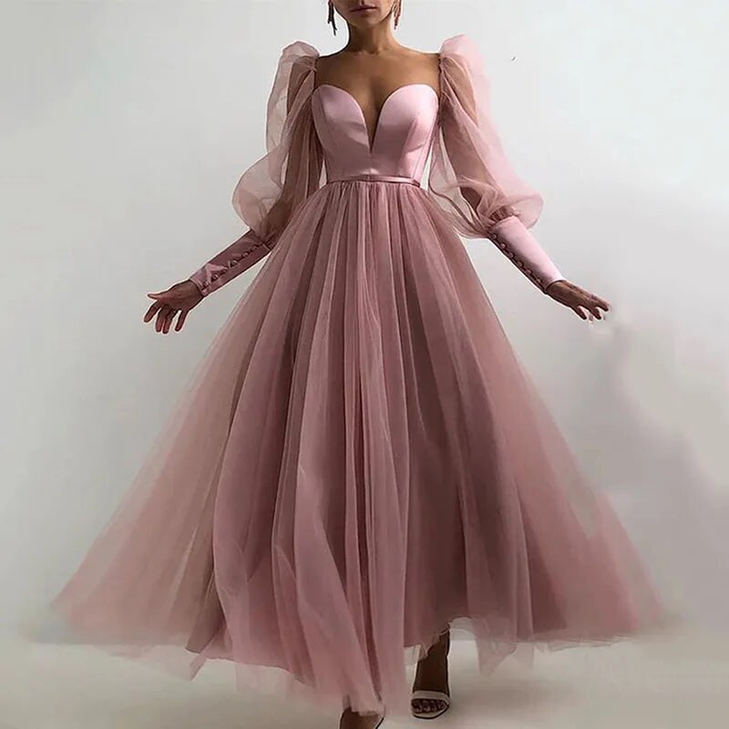 Musetta 더스티 핑크 A 라인 이브닝 드레스, 티 길이, 긴 퍼프 소매, 무도회 백리스 벨트, 특별 행사 파티 가운