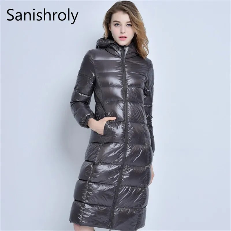 Sanishroly-롱 후드 오리털 푸퍼 자켓 아우터 웨어 탑 여성용, 울트라 라이트 다운 코트 파카, 2022 겨울