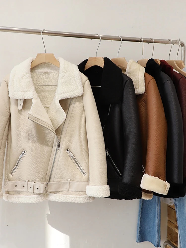FTLZZ 여성용 모피 가죽 재킷, 인조 램 에비에이터 두꺼운 양가죽 코트, 겨울 신상