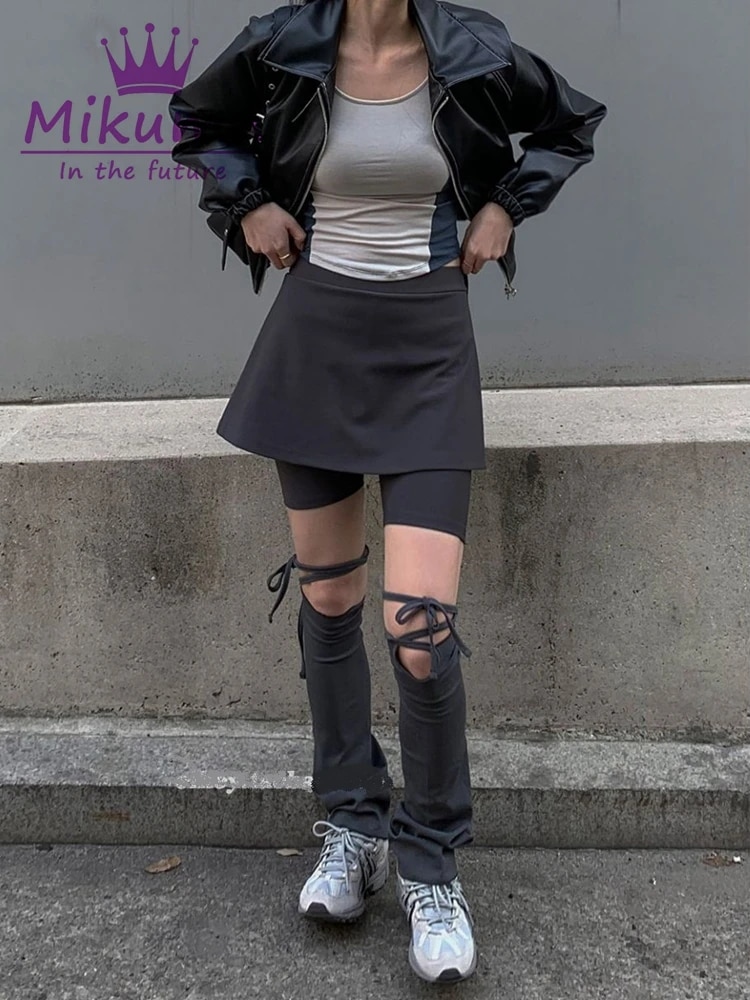 미쿤 하라주쿠 Y2k 불규칙한 바지, 레이스업 페이크 투피스 캐주얼 긴 여성 하이웨이스트 스커트, 스트리트웨어 패션
