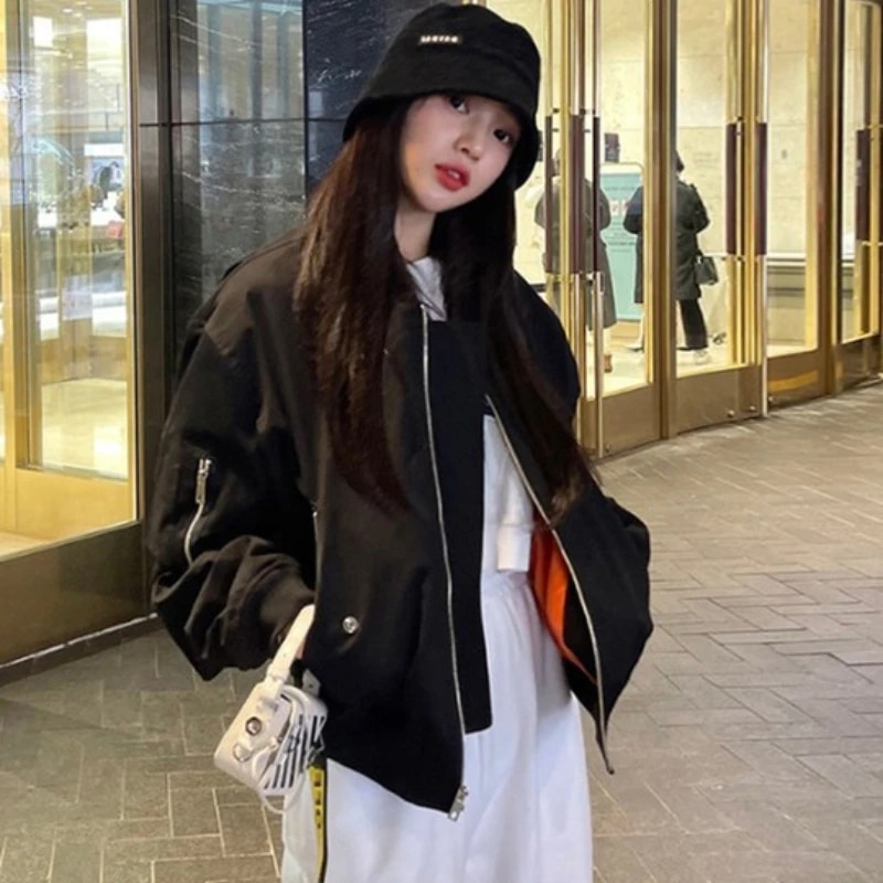 Deeptown 여성용 오버사이즈 봄버 재킷, 시크하고 우아한 지퍼 야구 겨울 블랙 코트, 한국 패션