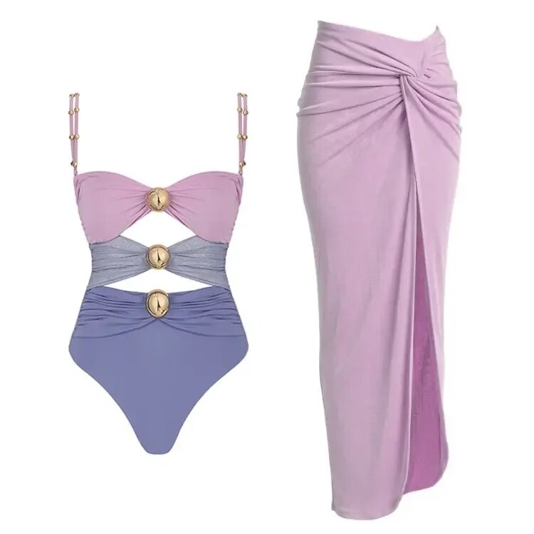 컬러 블록 컷 아웃 반짝이 텍스처 원피스 수영복, 사롱 바캉스 여성 비치웨어, 목욕 세트, 2024 신상