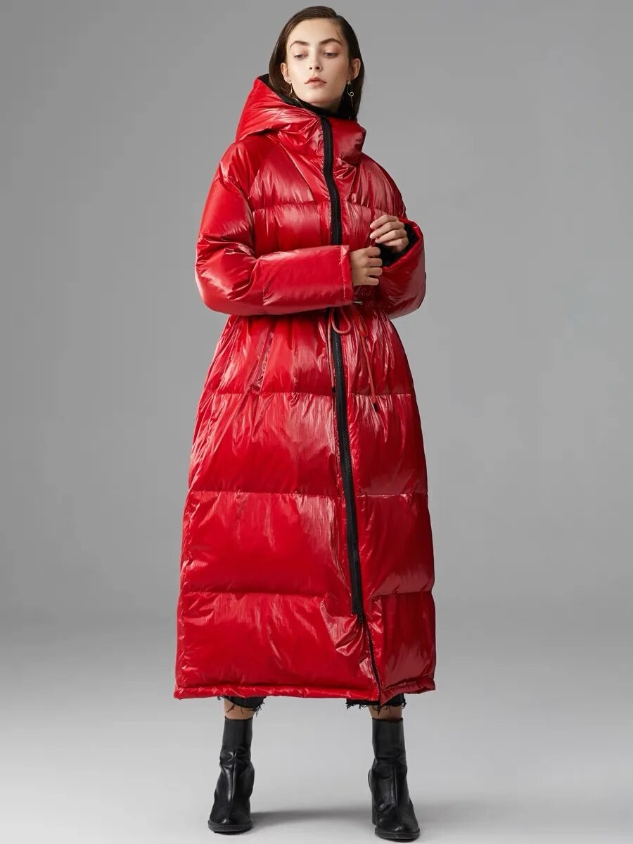 겨울 유럽 패션 인기 유광 X-롱 화이트 덕 다운 재킷, 여성 오버사이즈 방수 파카, 후드 브라이트 코트 F474