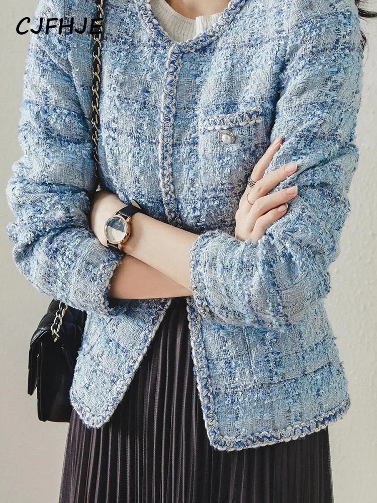 CJFHJE 여성용 긴팔 트위드 재킷, 용수철 클래식 코트, 격자 무늬 블루, 루즈 O-넥, 우아한 레이디 가을 패션