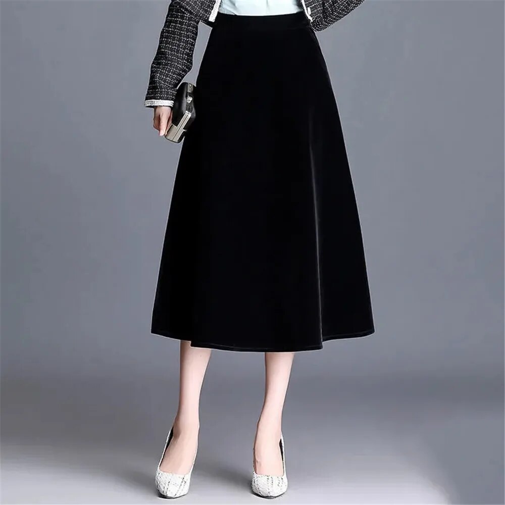 여성용 시크 벨벳 A라인 스커트, 하이웨이스트 롱 한국 스타일, 우아한 블랙 미디 2021 가을 겨울 신상