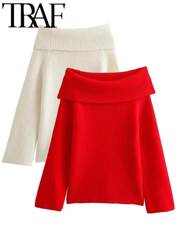 TRAF 여성용 솔리드 패션 슬래시 넥 긴팔 니트 슬림 풀오버 캐주얼 스웨터, Y2k 레드 베이지, 2024 용수철 가을