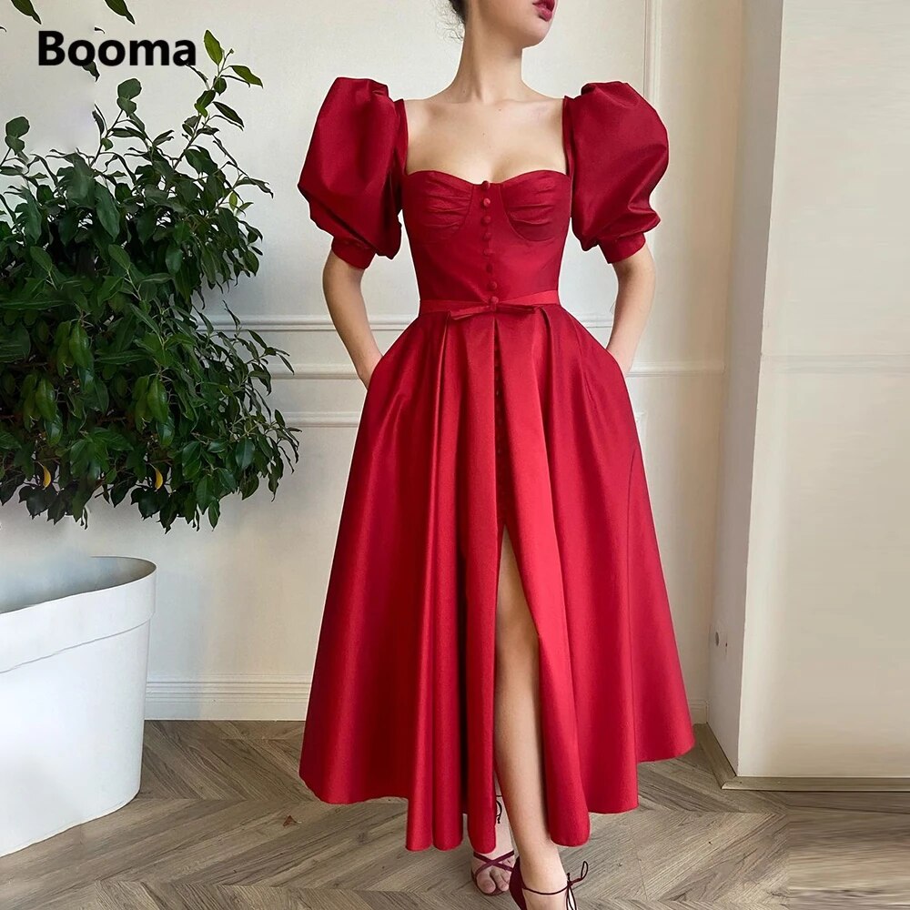 Booma-우아한 레드 짧은 무도회 드레스, 퍼프 슬리브 프론트 슬릿 단추 가운, 주머니 차 길이 웨딩 파티