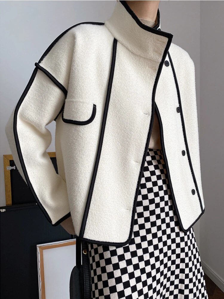 여성용 루즈 스탠딩 칼라 단색 짧은 재킷, 2023 패션 코트, 대비 색상 디자인, 화이트 블랙 가을 아우터