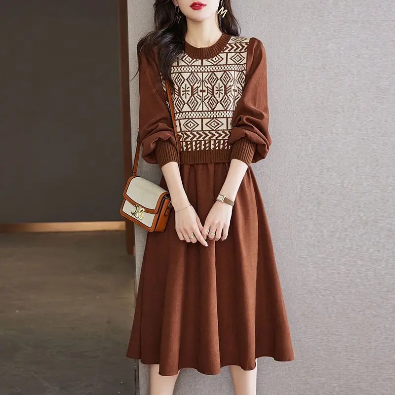 O-넥 니트 스플라이스 페이크 투피스 캐주얼 드레스, 여성 의류, 2023 가을 겨울 루즈 오피스 레이디 미디 패션