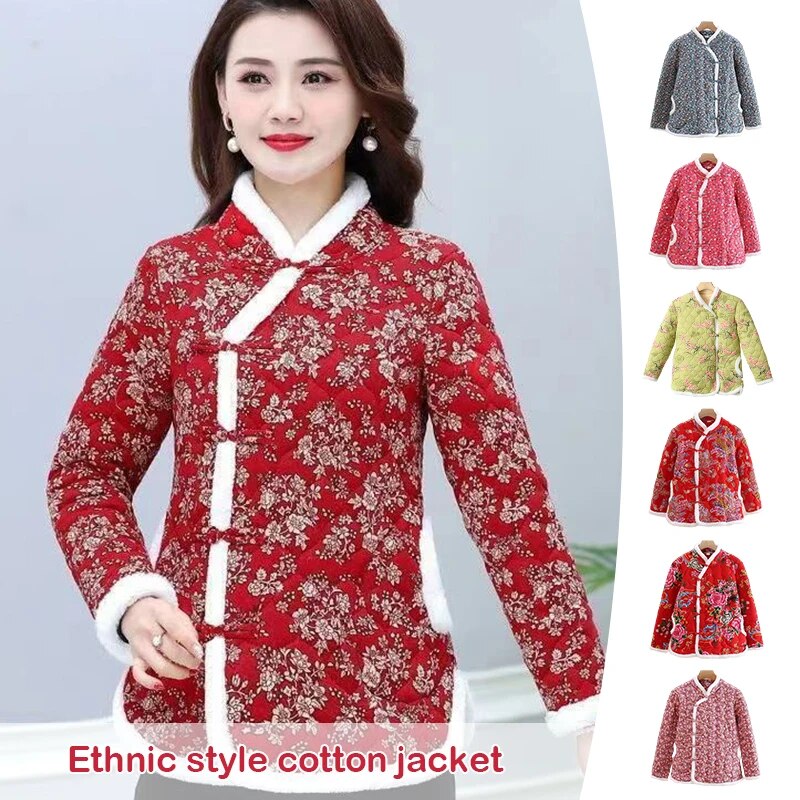 여성용 빈티지 빅 플라워 코튼 패딩 재킷, 중국 동베이 숏 치파오, 구식 얇은 코트, 새해 의류