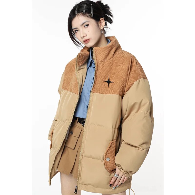 따뜻한 깃털 패딩 스탠드 칼라 접합 재킷 여성용, 두꺼운, 패션, 겨울, 신제품