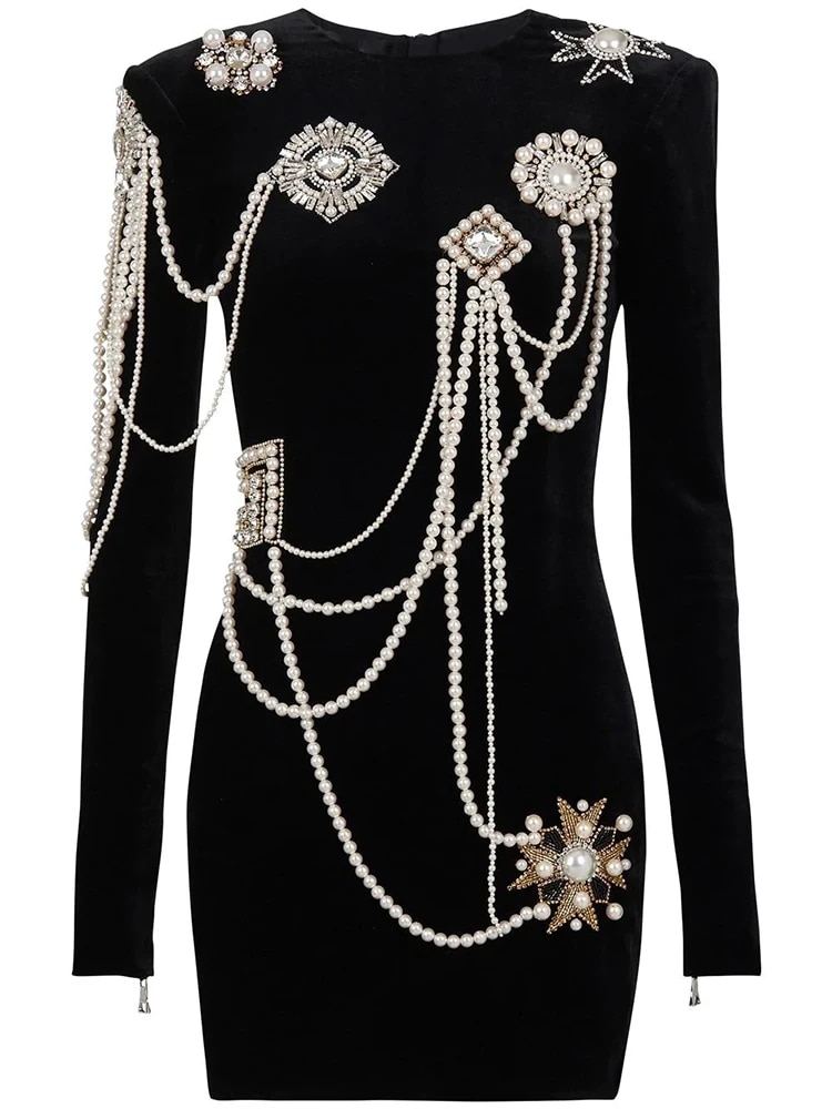 하이 퀄리티 여성용 긴팔 진주 체인, 다이아몬드 비즈 벨벳 원피스, 최신 디자이너, 세련된 패션, 2024