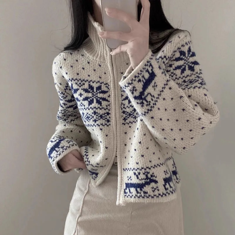 스웨터 겉옷 여성 가을과 겨울 Naifufu 카디건 눈송이 패턴 짧은 스탠드 칼라 집업 따뜻한 니트 탑