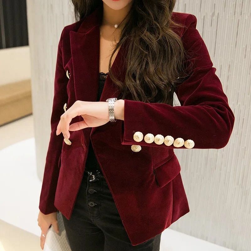 용수철 여성용 슬림 벨벳 블레이저 재킷, 더블 브레스트 심플 레이디 고급 OL 의류, 새로운 브랜드 패션