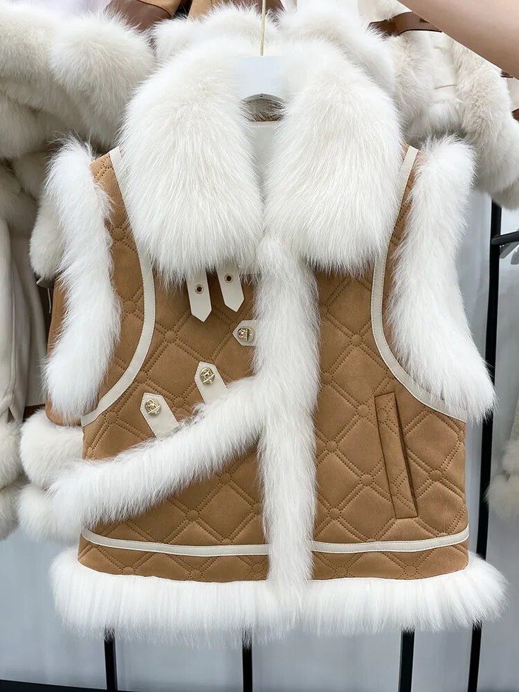 여성용 천연 여우 모피 칼라 스웨이드 조끼, 구스 다운 럭셔리 푸퍼 재킷, 겨울 패션, 신상 의류