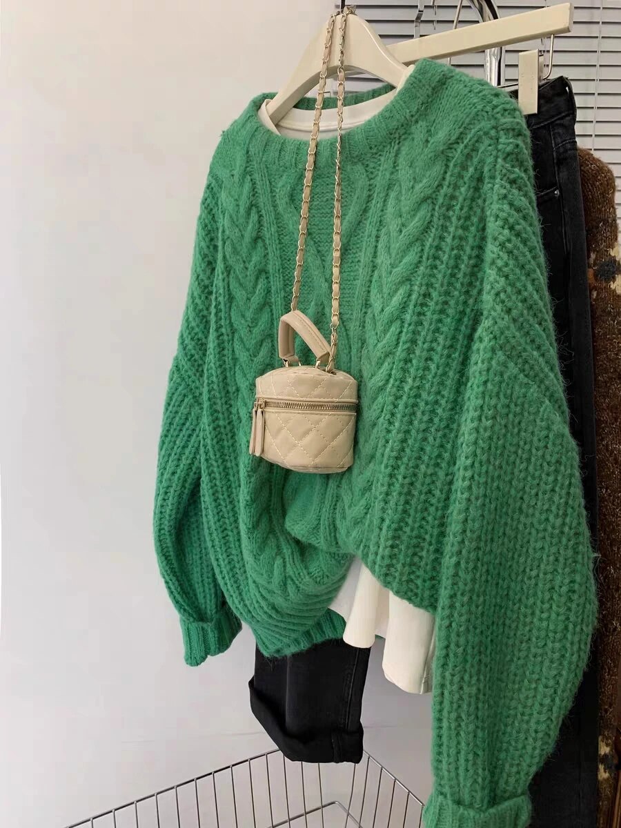 녹색 트위스트 풀오버 라운드 넥 니트 스웨터 여성 가을과 겨울 부드러운 찹쌀 스타일 외부 착용 작은 2023 새로운