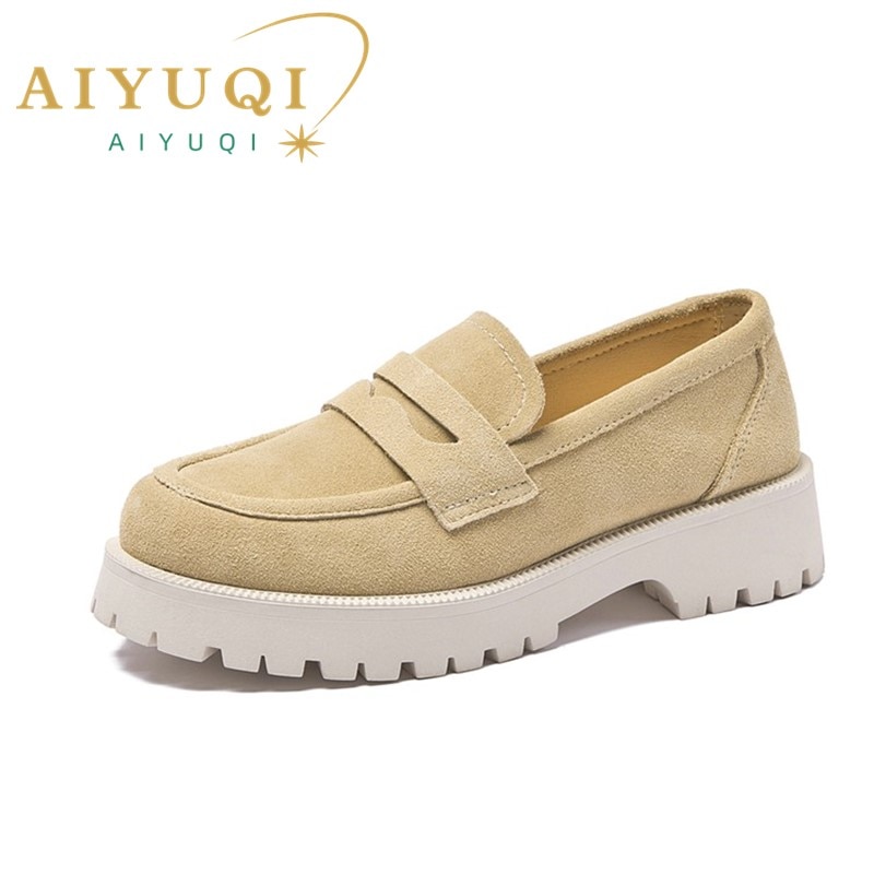 AIYUQI-스웨이드 정품 가죽 로퍼 신발 여성용, 영국 스타일, 봄 두꺼운 바닥, 대형, 숙녀 2023