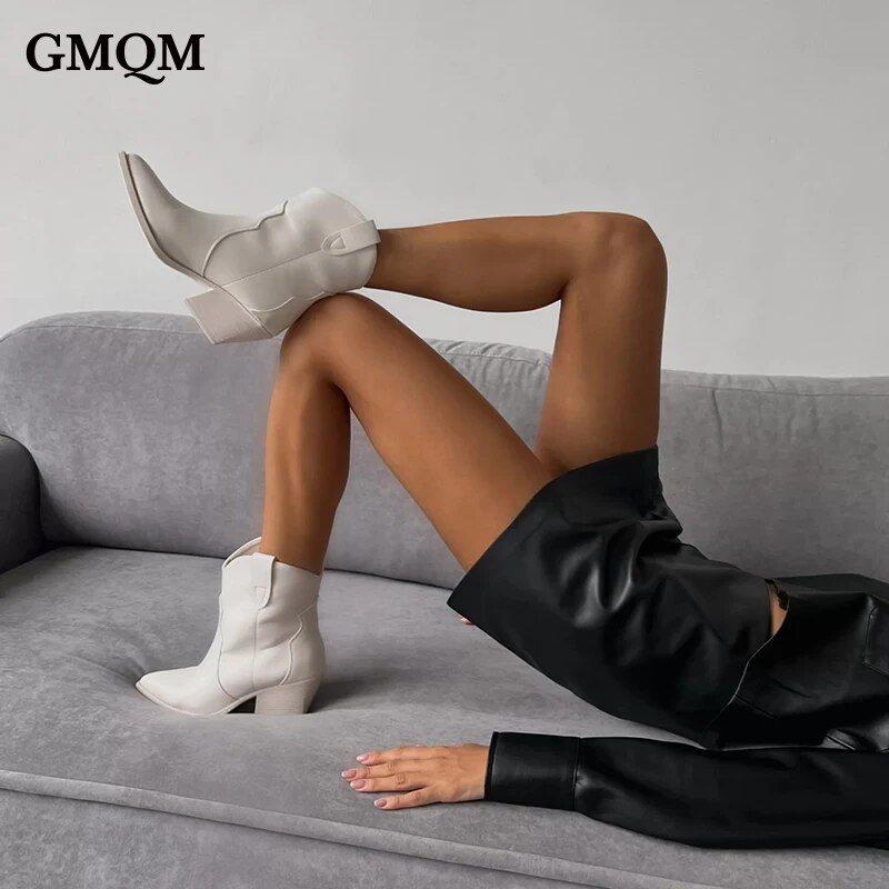 GMQM-캐주얼 웨스턴 카우보이 앵클 부츠 여성용, 패션, 플랫폼, 뾰족한 발가락 디자이너 신발, 슬립온 하이힐, 2022 가을 겨울