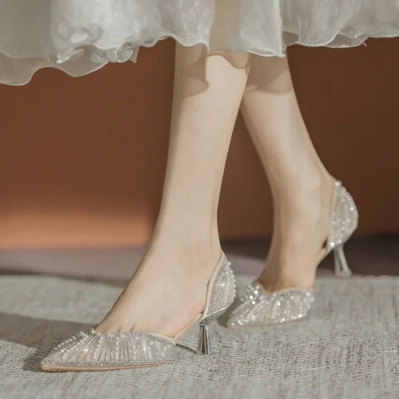 크리스털 퀸 포인티드 토 신부 웨딩 신발, 신데렐라 무도회 라인스톤 메리 제인 하이힐, 얇은 6cm