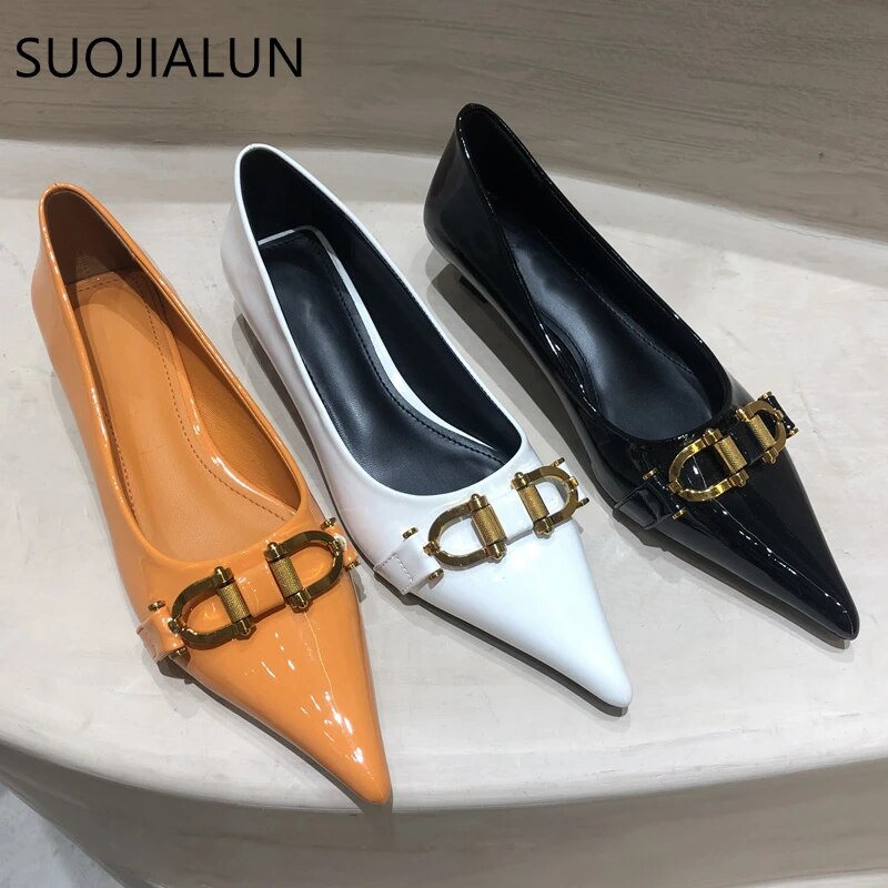 SUOJIALUN 패션 브랜드 디자인 금속 버클 펌프스, 뾰족한 앞코 얕은 슬립온 여성 작업화, 얇은 로우 힐, 봄 드레스 신발
