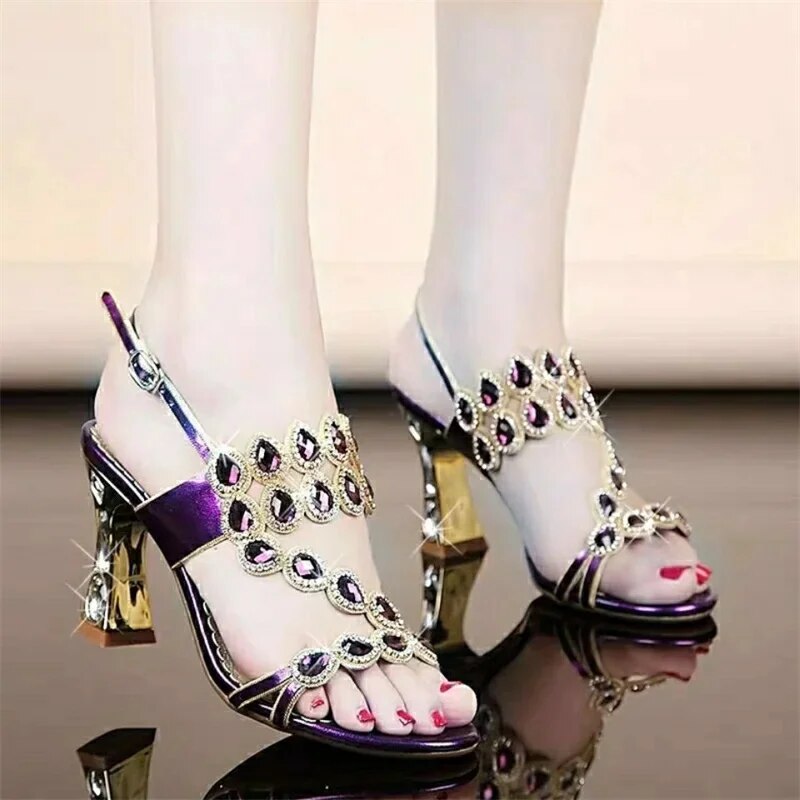여성용 여름 하이힐 다이아몬드 샌들, 패션 브릭 크리스탈 두꺼운 힐 스퀘어 파티 신발