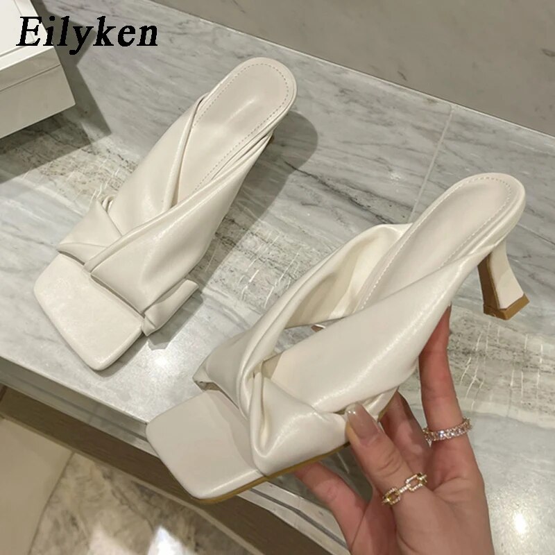 Eilyken 패션 브랜드 주름 오픈 토 슬라이드 숙녀, 낮은 굽 비치 슬리퍼, 여름 야외 샌들, 신발, 크기 35-42