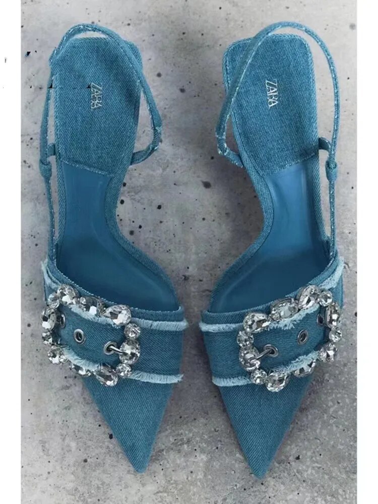 Baotou sandals female 2024 autumn new blue rhinestone decoration denim high heels fine heel pointed shallow mouth single shoes