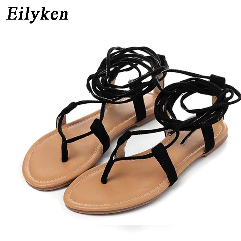 Eilyken 디자이너 발목 스트랩 플랫 힐 여성 샌들, 2024 여름 클립 토 캐주얼 로마 글래디에이터 쪼리 신발