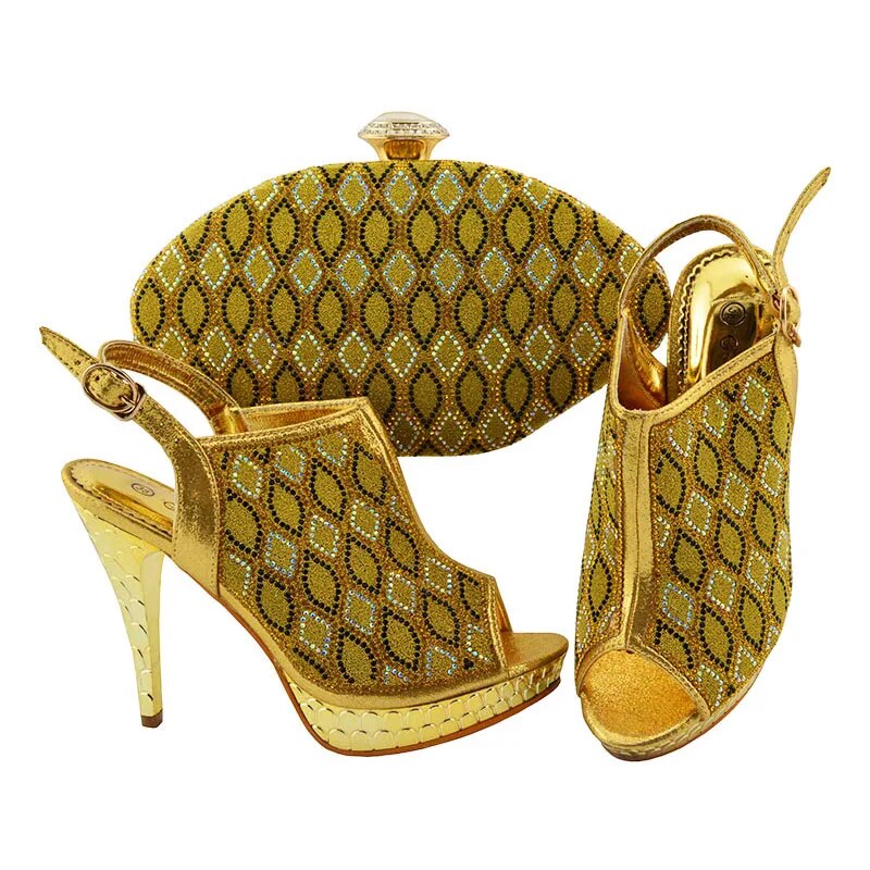 QSGFC 여성용 아프리카 웨딩 신발, 하이 퀄리티 힐 매칭 백 세트, 골드 컬러, 이탈리아 디자인, 인기 판매